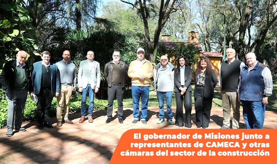 El Gobernador de Misiones, Hugo Passalacqua, flanqueado por representantes de CAMECA y otras cámaras del sector, en una reunión destinada a analizar la situación de la industria de la construcción y promover acciones conjuntas para su fortalecimiento en la provincia. Gobernador-Hugo-Passalacqua-junto-a-representantes-de-CAMECA-y-otras-entidades-del-sector-en-encuentro-estratégico-por-industria-de-la-construccion